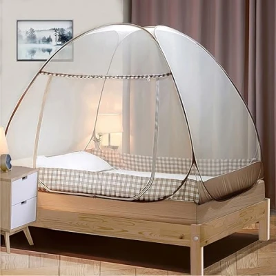 Afbeelding van Digead Klamboe voor bed, opvouwbaar, draagbaar, reizen, muggennet, enkele deur, camping, muskietennet, 100 x 200 cm, koepelvormig eenvoudige installatie, bruine rand