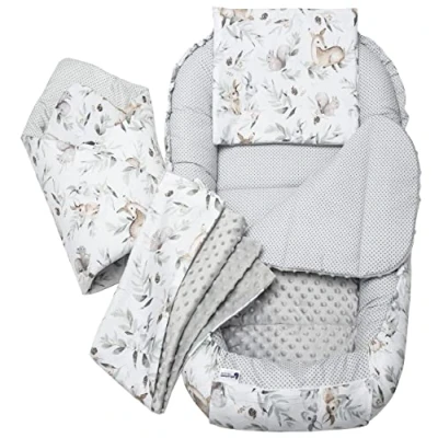 Afbeelding van Medi Partners babybedverkleiner, cocon, 100 x 60 15 cm, 100% katoen, babybedje voor pasgeborenen, kussen, afneembaar inzetstuk (Hert in bladeren met grijze Minky)