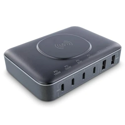 Afbeelding van InLine Qi draadloze oplader, 6 poorten, 4 USB C 2 A GaN, 100 W, snellader voor MacBook Pro/Air, iPhone/Pro/Mini, iPad Pro, Pixel en meer, zwart, 31517K
