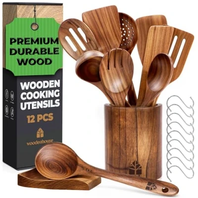 Afbeelding van Woodenhouse Set van 12 houten keukengerei met spatel, standaard, lepelhouder en haken, antiaanbaklaag teakhout