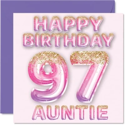 Afbeelding van 97 jaar verjaardagskaart voor tante, roze en paarse glitterballonnen, verjaardagskaarten jarige tante van neef nichtje, 145 mm x