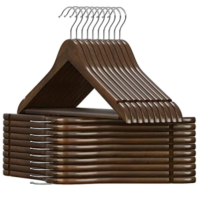 Afbeelding van Songmics Houten kleerhangers, 20 stuks, met antislip inkepingen, antislipstang voor broeken, haken 360 graden draaibaar, pakken, overhemden, mantels, bruin en zilver, CRW02V20
