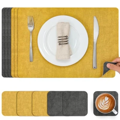 Afbeelding van Myir JUN Set van 6 dubbelzijdige placemats en onderzetters PU leer, hittebestendig, voor binnen buiten, grijs/geel