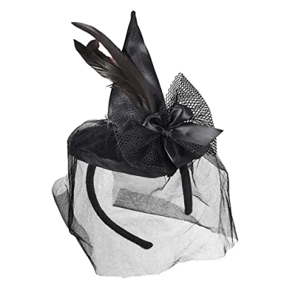 Afbeelding van Widmann 9369S Mini heksenhoed met veren en sluier, voor themafeesten, carnaval, Halloween, zwart