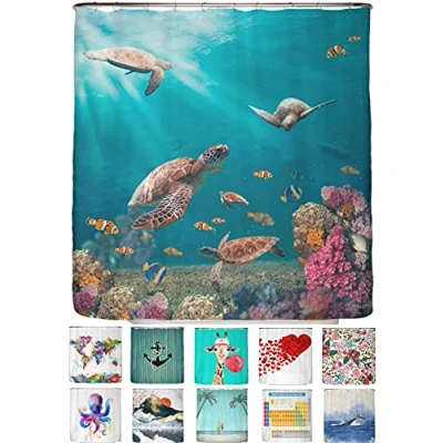 Afbeelding van arteneur® Antischimmel douchegordijn met zeeschildpaddenmotief, 180 x 200 cm, Öko Tex Standard 100 verzwaarde zoom, ondoorzichtig, waterdicht, wasbaar, 12 ringen