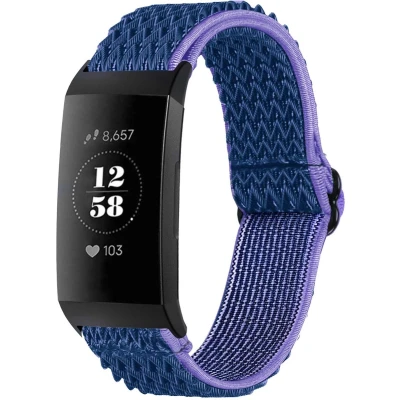 Afbeelding van iMoshion Bandje Geschikt voor Fitbit Charge 3 / 4 Elastisch nylon band met zwarte aansluiting Donkerblauw