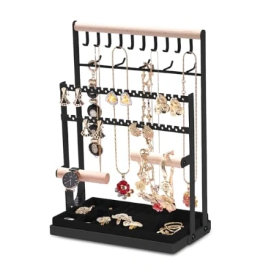 Afbeelding van Sieradenstandaard, sieradenhouder, sieradenkettingorganizer, standaard met uitneembare opbergbasis, sieradenboom, kettinghouder, kettingopbergstandaard, voor halskettingen, armbanden, ringen, zwart