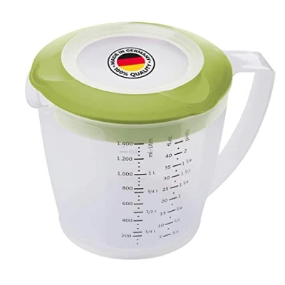 Afbeelding van Westmark Roerbeker/doseerder met spatbescherming, deksel en schenktuit, van kunststof, inhoud: 1,4 liter, Helena, transparant/groen, 3105227A
