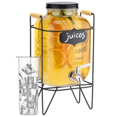Afbeelding van Navaris glazen limonadetap Met kraantje Drankdispenser metalen standaard Ijs en fruit infuser Sapdispenser 5L 43 x 26,5 24 cm