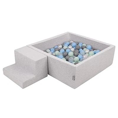 Afbeelding van KiddyMoon Foam Speelplaats Met Vierkant Ballenbad (200 ballen), Lichtgrijs: Parel/Grijs/Transparant/Babyblauw/Mint
