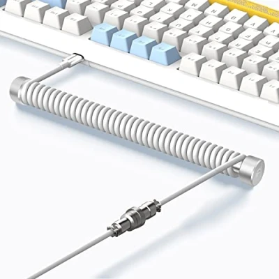 Afbeelding van MAMBASNAKE Câble de Clavier Spiralé Custom et Enrouleur D&#039;aviateur Métal Set à Tige Fixe + TPU Coiled USB C avec Connecteur D&#039;aviation pour Jeu Blanc