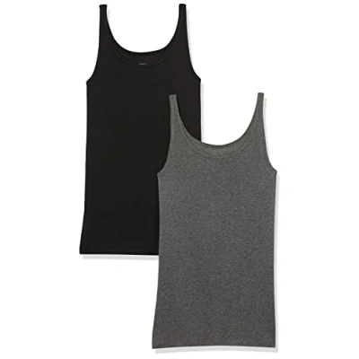 Image de Amazon Essentials Lot de 2 débardeurs à bretelles fines pour femme, coupe ajustée, noir/anthracite chiné, taille L