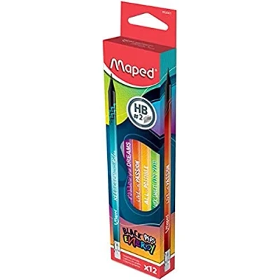 Afbeelding van Maped 12 potloden grafiet Black&#039;Peps Energy HB gumstiften, zwart versierd positief en inspirerend bericht, doos met 852001, meerkleurig