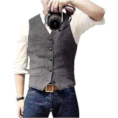 Afbeelding van Solovedress Casual wollen visgraatvest voor heren, V hals, tweed gilet bruiloft, zilver.