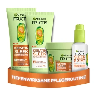 Afbeelding van Garnier Fructis Keratin Sleek Kit de soin pour cheveux secs et sujets aux frisottis avec shampoing 200 ml, après masque 370 ml sérum 50