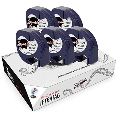 Afbeelding van Squuido 5 cassettes, zwart op transparant, kunststof etiketten, 12 mm x 4 m, compatibel met Dymo LetraTag LT 100H 100T 110T Plus 2000 QX50 XR XM