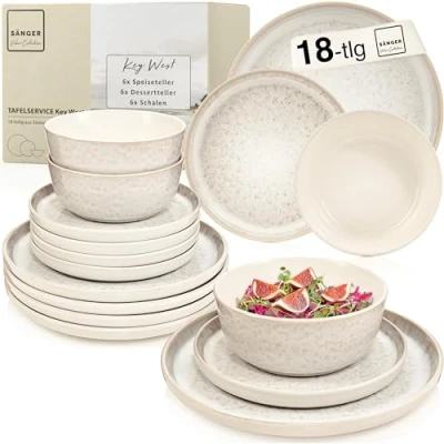 Afbeelding van SÄNGER Key West Value Collection Aardewerk servies, 18 delig servies voor 6 personen, platte borden, mueslikommen, dessertborden, crèmekleurig tafelservies met korrelgrootte