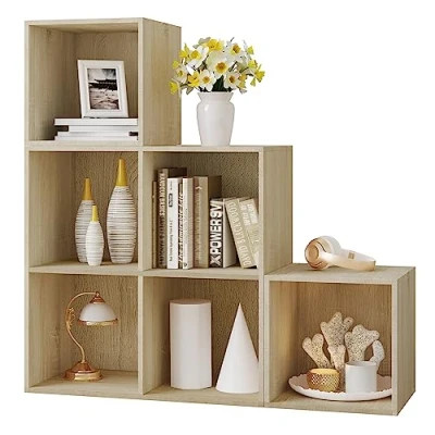 Afbeelding van WOLTU SK027hei Rek met 6 vakken, kast voor woonkamer, slaapkamer, houten deel, kubusrek, rek, 90 x 30 cm, licht eiken