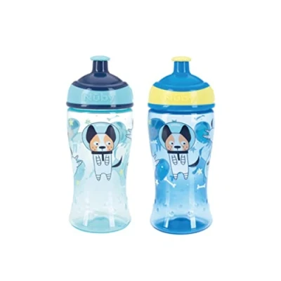 Afbeelding van Nuby Super Slurp 048526890477 Set van 2 waterflessen lekvrij 360 ml gemakkelijk vast te pakken vaatwasmachinebestendig beker voor kinderen vanaf 18 maanden (astronauten, stuks)