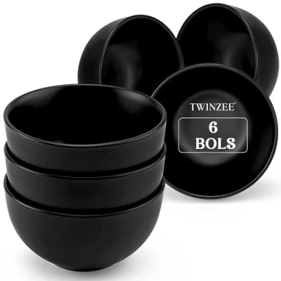 Afbeelding van Twinzee Servies en tafelservies, set van 6 kommen zwart aardewerk, magnetron vaatwasmachinebestendig, duurzaam elegant