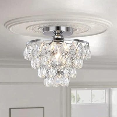 Afbeelding van ZenithBeam Mini Kristallen Kroonluchter Kleine Plafondlamp, Moderne Plafondlamp Voor Hal Plafondlampen Inbouw Slaapkamer Woonkamer (Zilver)