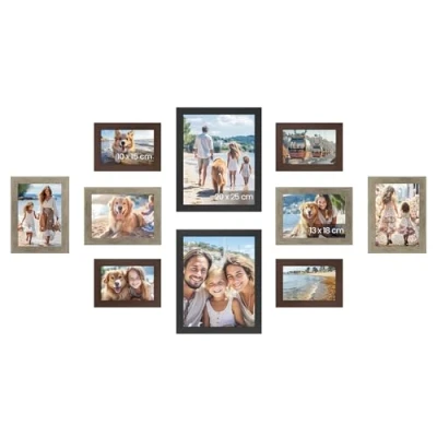 Afbeelding van SONGMICS 10 stuks fotolijsten voor 2 foto&#039;s 20 x 25 cm, 4 13 18 15 kunststof schijf, MDF, roodbruin, greige gemêleerd, zwart essenhout RPF310K03