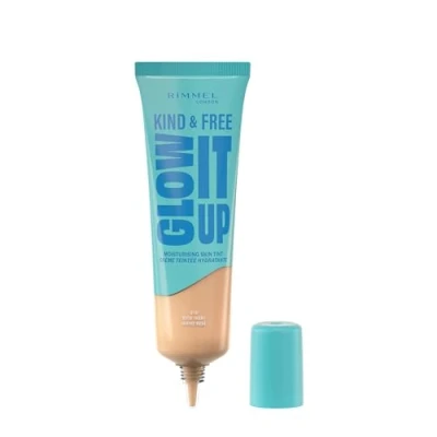 Afbeelding van Rimmel London Kind &amp; Free GLOW IT UP Fond de teint hydratant, 010, Rose Ivory, Apaise la peau sensible, Coloré sain et lumineux, Hydrate toute journée, 30 ml