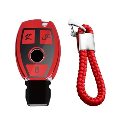 Afbeelding van M.JVisun Zachte TPU sleutelhoes voor Mercedes Benz A klasse B C E S G M V, CLA CLS GLA GLC GLE GLK GL GLS SL SLK SLC Viano Metris sleutelhanger, glanzend rood, gevlochten sleutelhanger