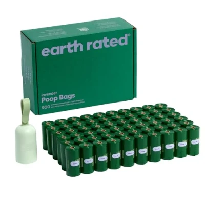 Afbeelding van Earth Rated Hondenpoepzakhouder met hondenpoepzakjes, ziet er nieuw uit, duurzaam en gegarandeerd lekvrij, lavendelgeur, 1 dispenser 900 zakjes