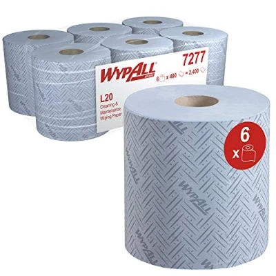 Afbeelding van WypAll Papierwisser L20 blauw voor reiniging en onderhoud 7277 centrale aftapspoelen 2 diktes 6 blauwe spoelen x 400 papieren wissers (in totaal 2,400)