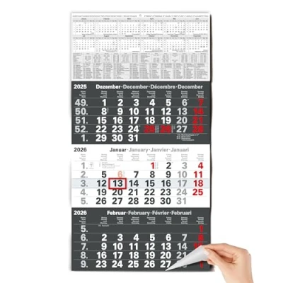 Afbeelding van Wandkalender 2025 3 maanden, combi maanden zonder advertenties met datumschuiver, bureaukalender, maandoverzicht van drie jaaroverzicht, XXL 56 x 30 cm (gevouwen)