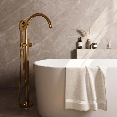 Afbeelding van Brauer Gold Edition Staande Badkraan handdouche rond 3 standen 2 gladde knoppen PVD geborsteld goud