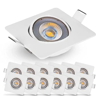 Afbeelding van EMOS set van 12 led inbouwspots 230 V 5 W / 450 lm 50 graden draaibaar warm wit 3000 K platte spot gatgrootte 68 mm spots vierkant (kleur wit)