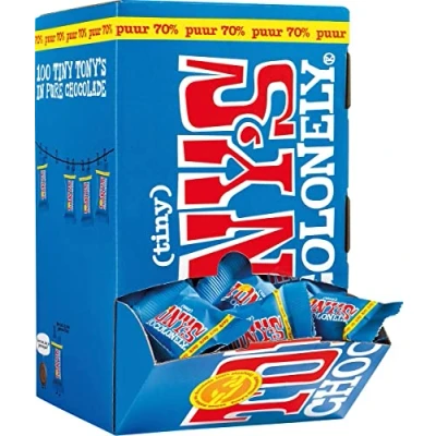 Afbeelding van Tony&#039;s Chocolonely mini chocoladereep, 900g, doos van 100 stuks apart verpakt, puur chocolade