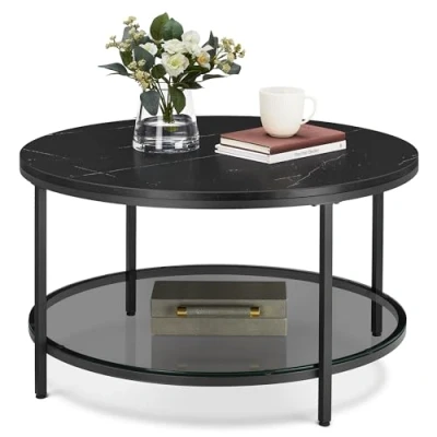 Afbeelding van VASAGLE LCT071B58 Salontafel met glasplaat en grote opbergruimte, voor woonkamer, bank, eenvoudige montage, moderne stijl, zwart marmer inktzwart
