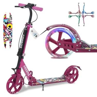Afbeelding van AREBOS kick scooter stadsstep kinderstep volwassen roze met led banden