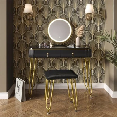 Afbeelding van Vicco Make uptafel set met kruk Grace, Zwart, 100 cm LED verlichting en