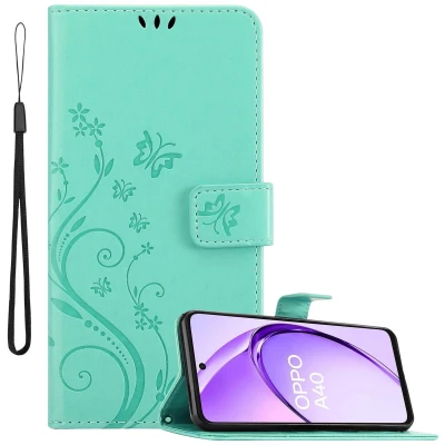 Afbeelding van Cadorabo Hoesje geschikt voor Oppo A40 in BLOEMEN TURKOOIS Beschermhoes bloemmotief met magnetische sluiting, standfunctie en kaartsleuven Book Case Cover Etui
