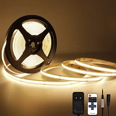 Afbeelding van COB Led strip, 2700 K, warm wit, 5 m, dimbaar, 24 V, 480 led/m, GS voeding, met RF afstandsbediening, CRI90+, voor tv, keuken, slaapkamer