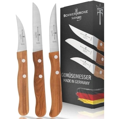 Afbeelding van Schwertkrone Premium Driedelige Fruit &amp; Groentemessenset Roestvrijstaal met Olivierhout Handvat Gemaakt in Solingen, Duitsland