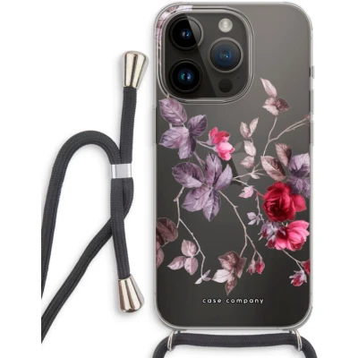 Afbeelding van Case Company® hoesje met Koord geschikt voor iPhone 14 Pro Mooie bloemen Telefoonhoesje Zwart Extra Bescherming aan alle Kanten en Over de Schermrand