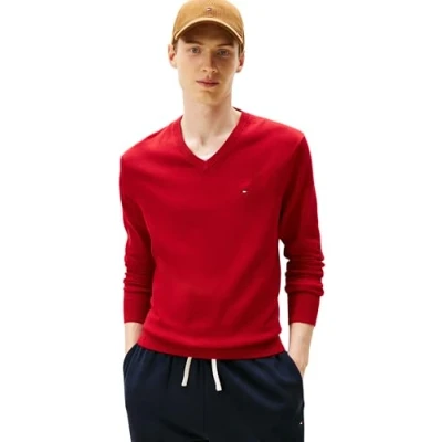 Image de Tommy Hilfiger Essential Cotton MW0MW14745 Pull à col en V pour homme Rouge Taille L, (rouge moyen), L