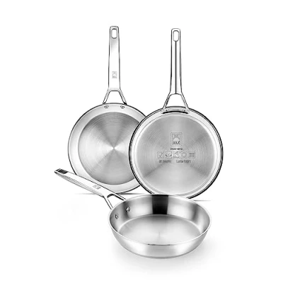 Image de 1. Bra Signature Lot de 3 poêles en acier inoxydable 18/10 professionnel sans revêtement antiadhésif, triple fond diffuseur, tous feux dont induction, finition polie brillante, 20 24 26 cm