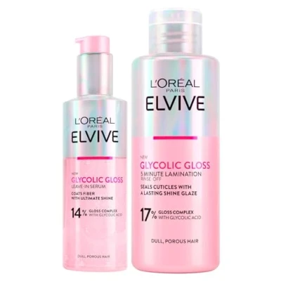 Afbeelding van L&#039;Oréal Paris Elvive Glycolic Gloss Serum zonder uitspoelen voor poreus en geblust haar, intensieve glans, 150 ml + 5 minuten lamineerbehandeling met 200 glycolzuur 2