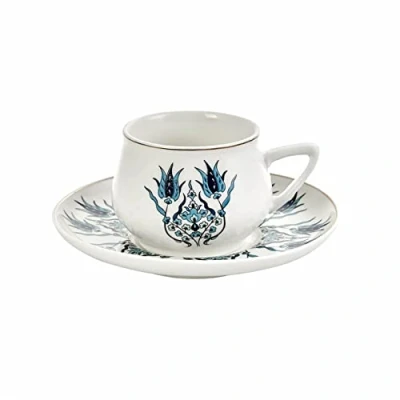 Afbeelding van Karaca Iznik New Form Koffieservies voor 6 personen, 90 ml, espressokopjes en schoteltjes, robuuste mok, traditionele Turkse koffiekopjes, cappuccino, porselein