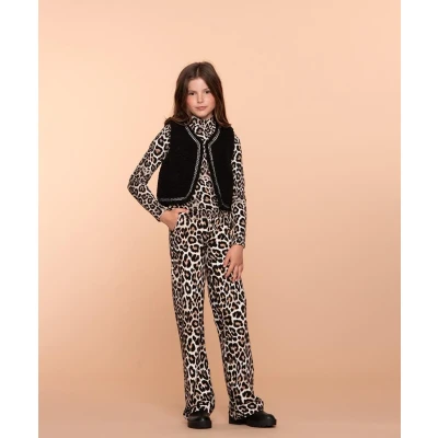 Afbeelding van Geisha winter wide broek meisjes zwart/zand AOP luipaard