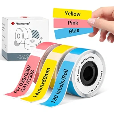 Afbeelding van Phomemo Q30S etiketten, 14 x 50 mm, kleur (geel/roze/blauw), thermische zelfklevend, voor labelprinter D30, Q30S, Q31, 130 etiketten/per rol, 3 rollen