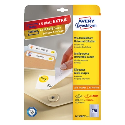 Image de Avery Zweckform L4730 25 étiquettes multi usages A4 17,8 x 10 mm (6750 étiquettes) blanc