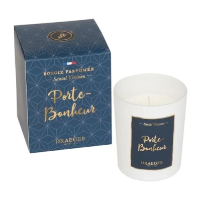 Afbeelding van Draeger Paris Geurkaars, wit, geur Santal Vénitien (sandelhout), Porte bonheur (geluksbrenger), cadeau idee, originele kaars om te geven, gemaakt in Frankrijk, 100% plantaardige was