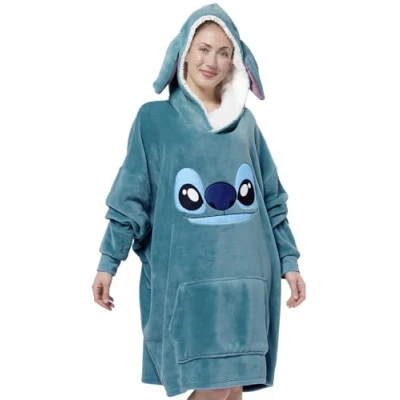 Afbeelding van Disney Lilo &amp; Stitch Oversize Hoodie Cozy met oren voor dames Ohana Oversized zachte trui pluizige deken blauw, Blauw